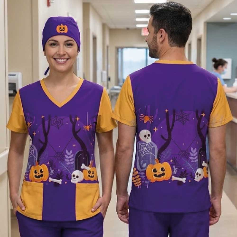 PUMPKIN AND SKULL SCRUB TOP