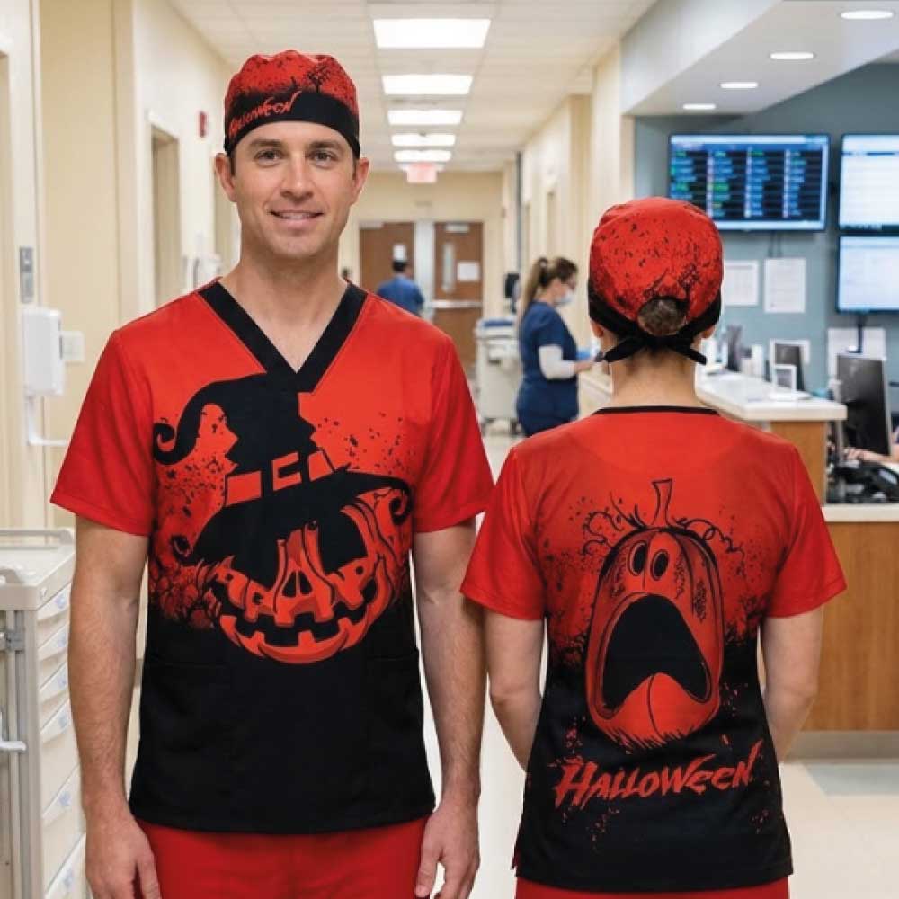 PUMPKIN WITH HAT SCRUB TOP
