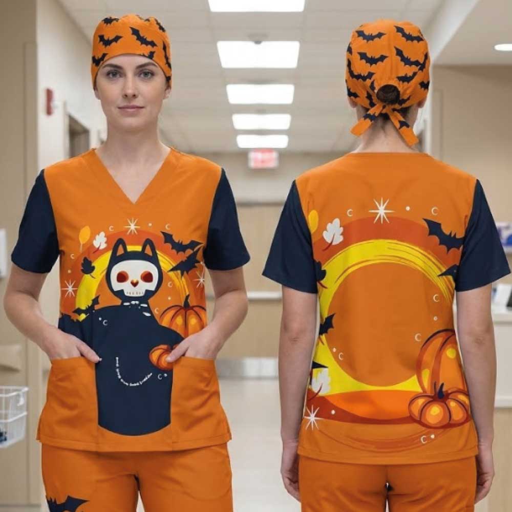 SPOOKY CAT SCRUB TOP