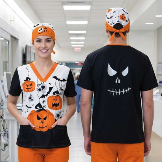 BAT AND PUMPKIN SCRUB TOP