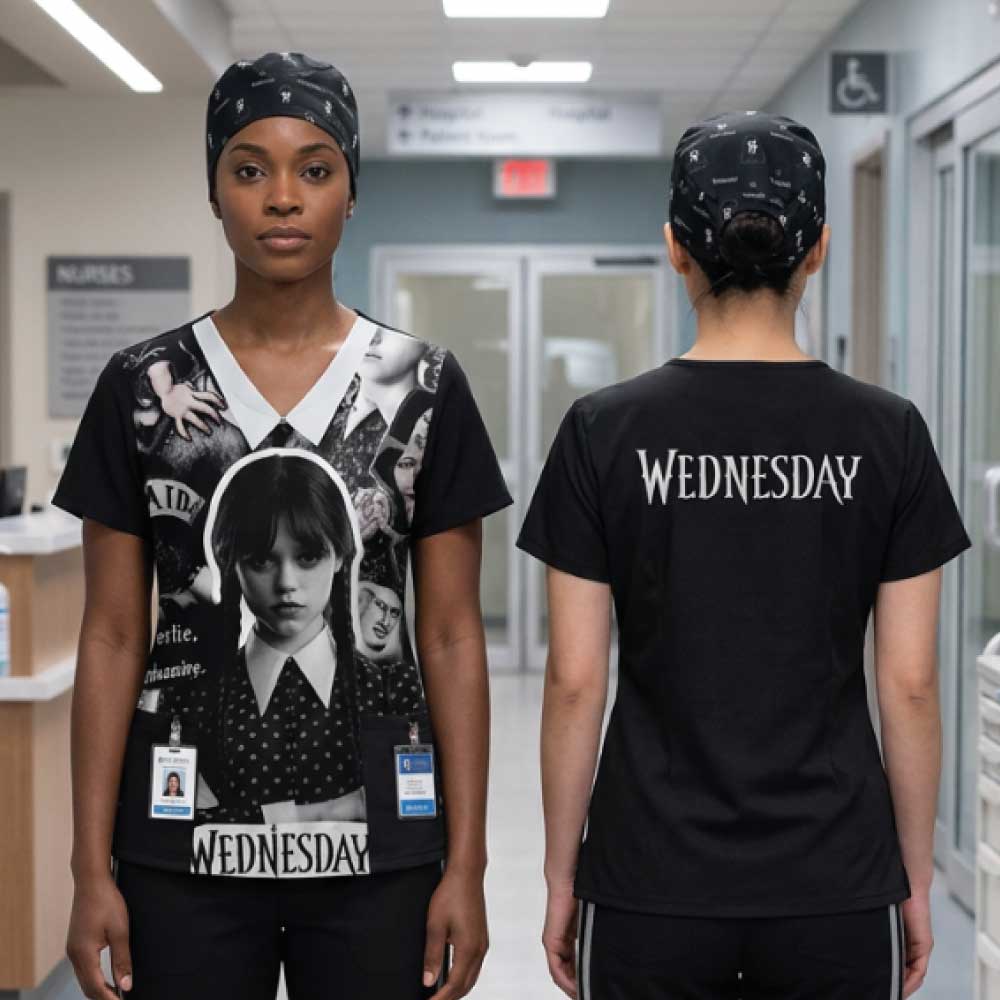 WEDNESDAY BLACK AND WHITE SCRUB TOP