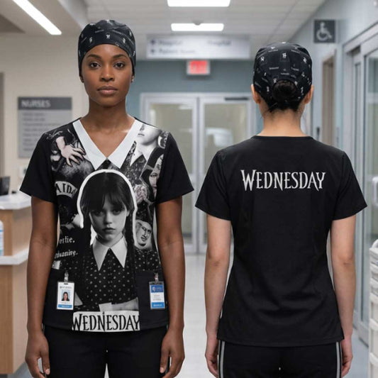 WEDNESDAY BLACK AND WHITE SCRUB TOP