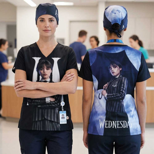 WEDNESDAY POSTER SCRUB TOP